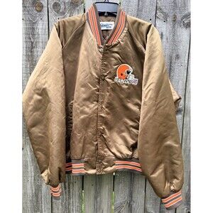 Vintage Cleveland Browns Chalk Line Satin Jacket XLarge Brown Button Snap 1980s